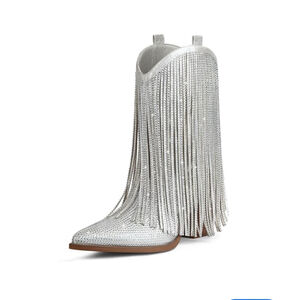 Silver Rhinestone Fringe Cowboy Boots Statement Festival Western Womens Size 9